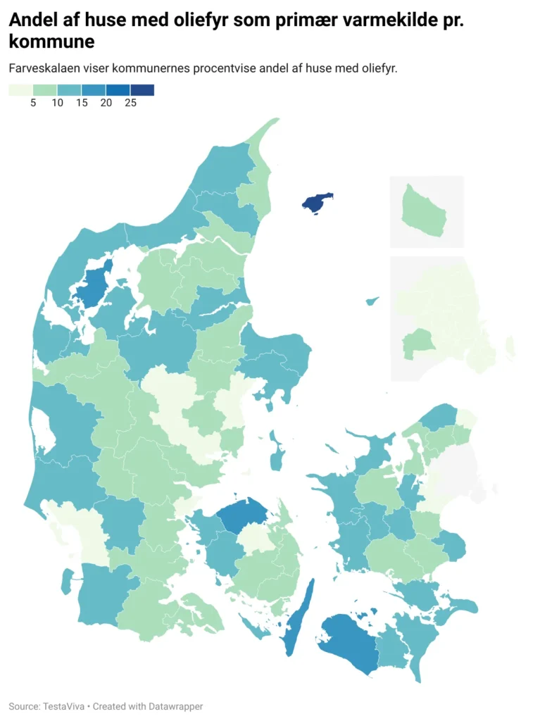 Andel af huse med oliefyr som primær varmekilde pr. kommune